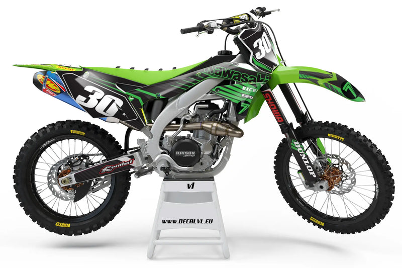 Individuelles Kawasaki Motocross-Dekor-Kit an einem Motorrad
