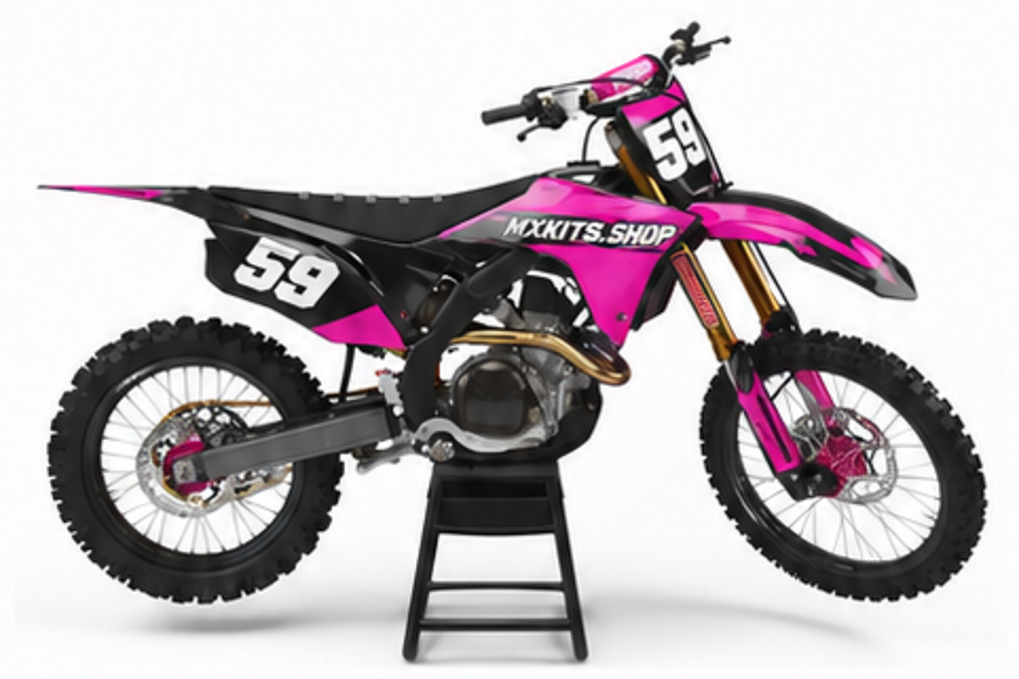 Honda CRF Motocross-Dekor-Kit in Magenta, Schwarz in Seitenansicht mit personalisierter Startnummer