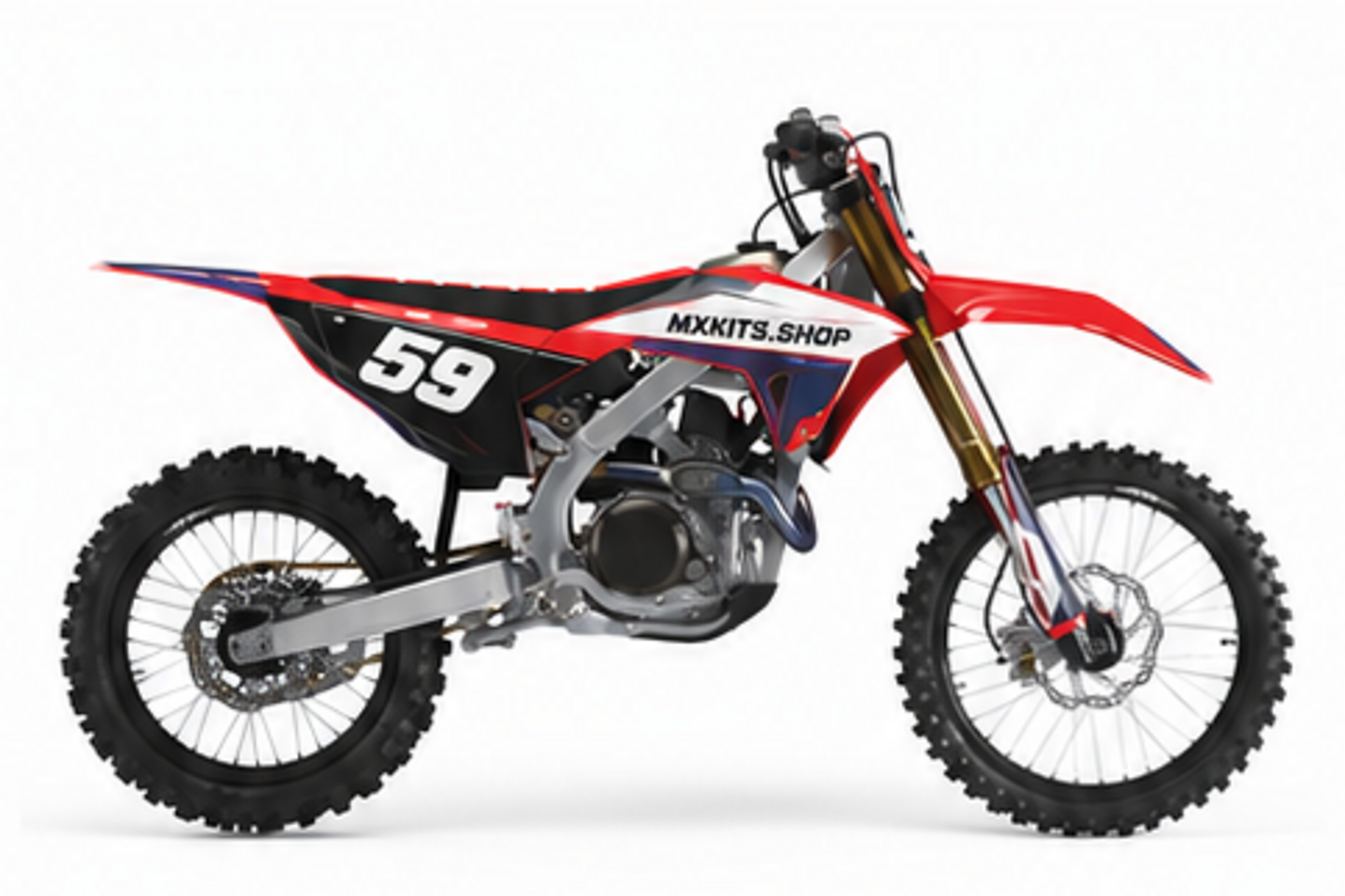 Honda CRF Motocross-Dekor-Kit in Schwarz, Rot in Seitenansicht mit personalisierter Startnummer