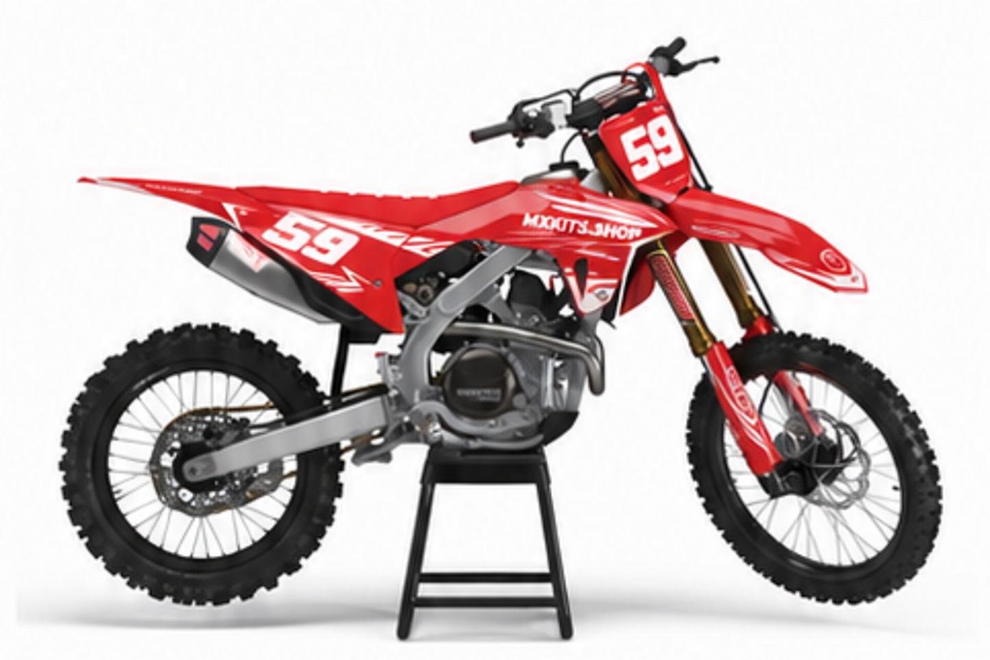 Honda CRF Motocross-Dekor-Kit in Rot, Schwarz in Seitenansicht mit personalisierter Startnummer