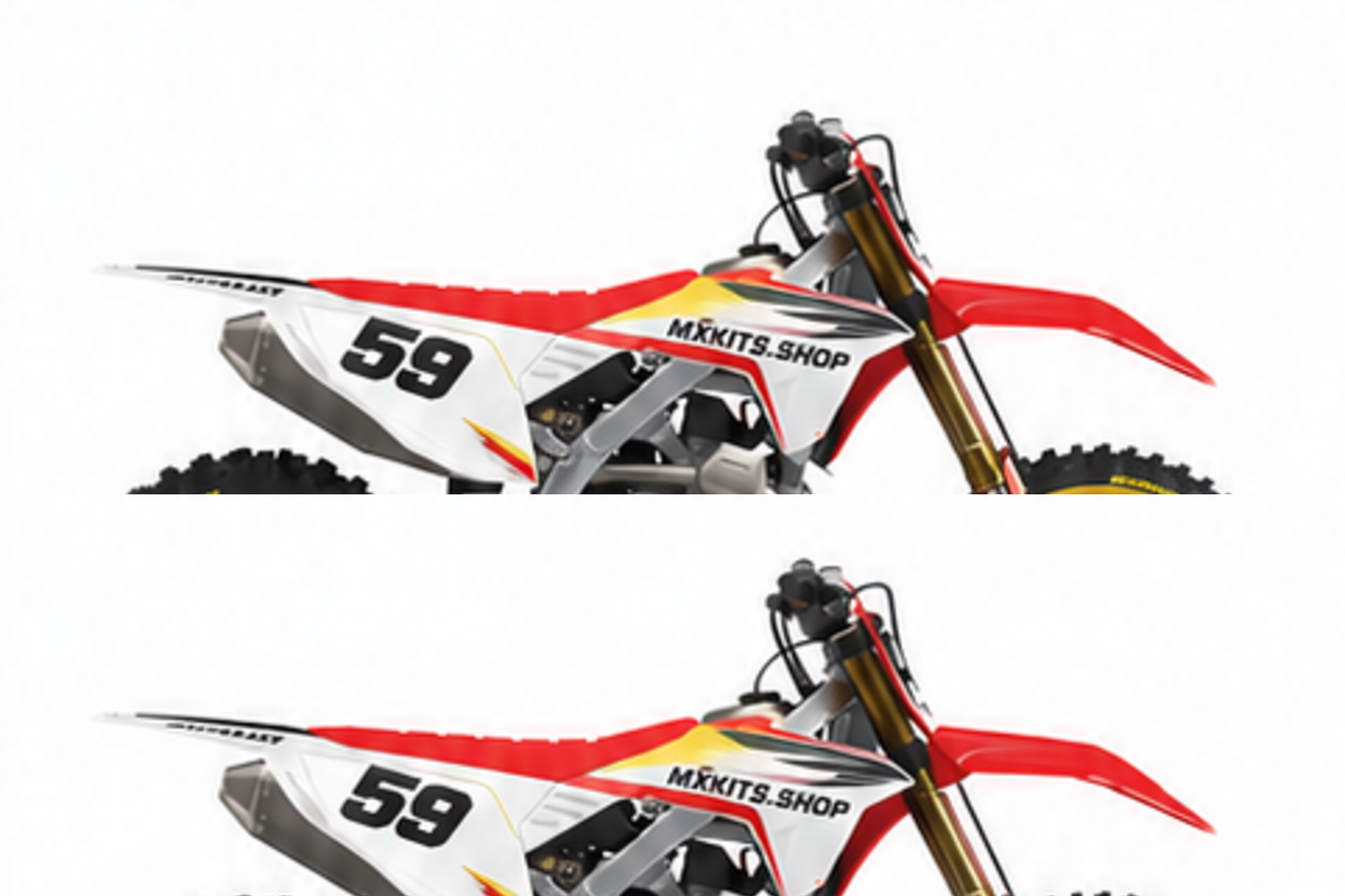 Honda CRF Motocross-Dekor-Kit in Rot, Weiß in Seitenansicht mit personalisierter Startnummer