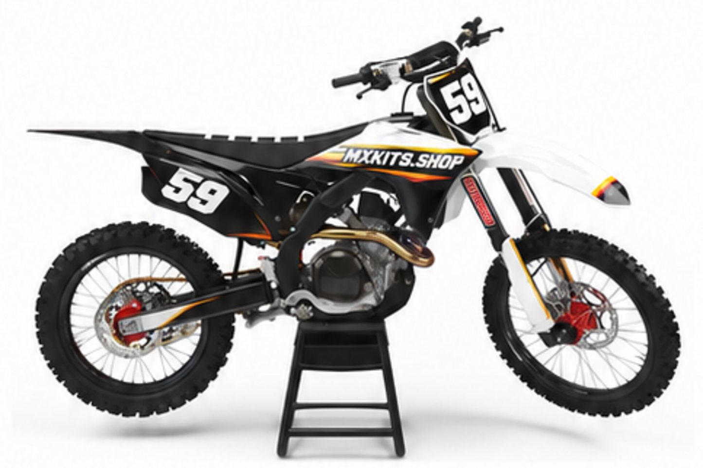 Honda CRF Motocross-Dekor-Kit in Schwarz, Rot in Seitenansicht mit personalisierter Startnummer