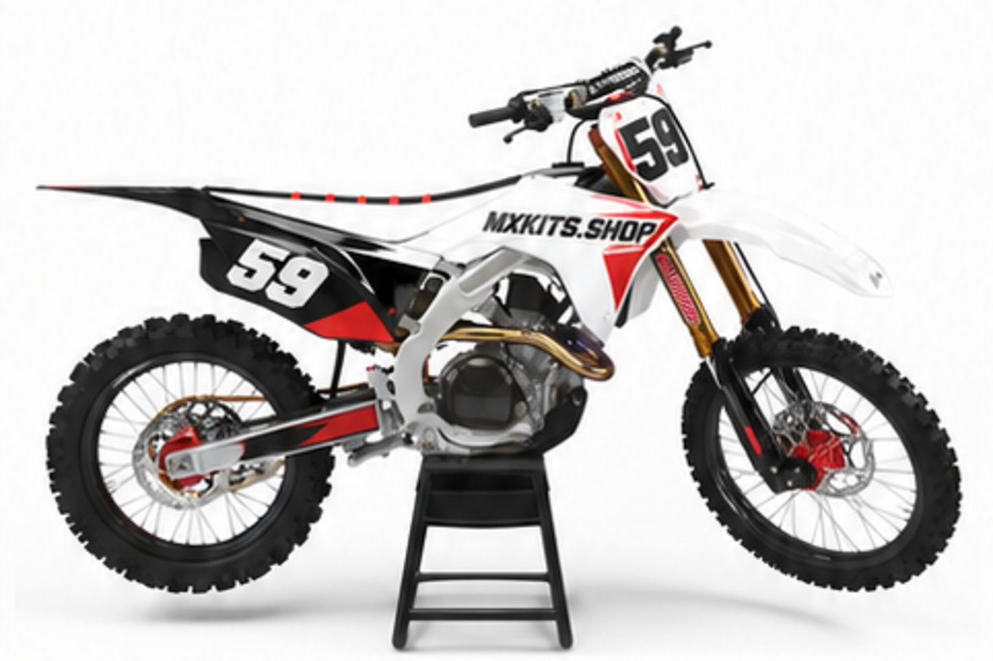 Honda CRF Motocross-Dekor-Kit in Rot, Schwarz in Seitenansicht mit personalisierter Startnummer