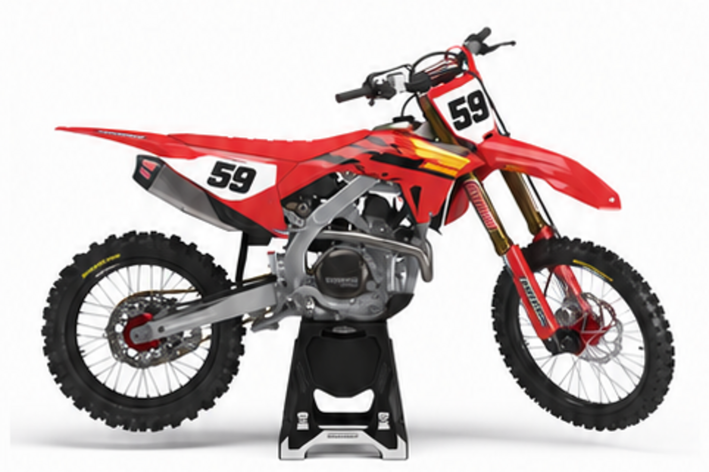 Honda CRF Motocross-Dekor-Kit in Rot, Schwarz in Seitenansicht mit personalisierter Startnummer