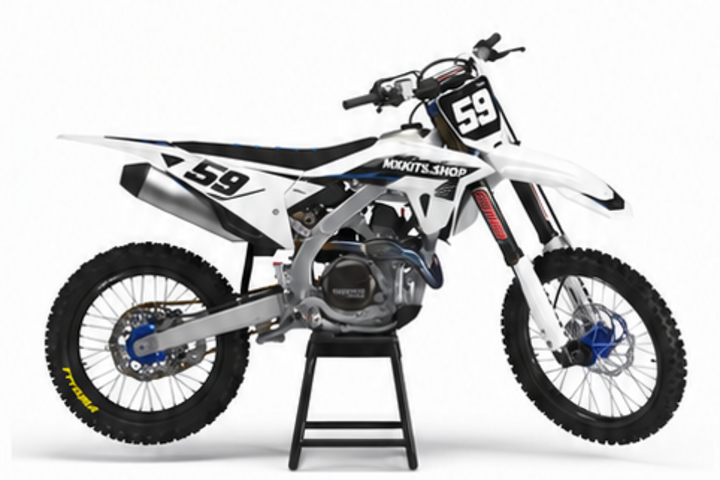 Honda CRF Motocross-Dekor-Kit in Weiß, Rot in Seitenansicht mit personalisierter Startnummer