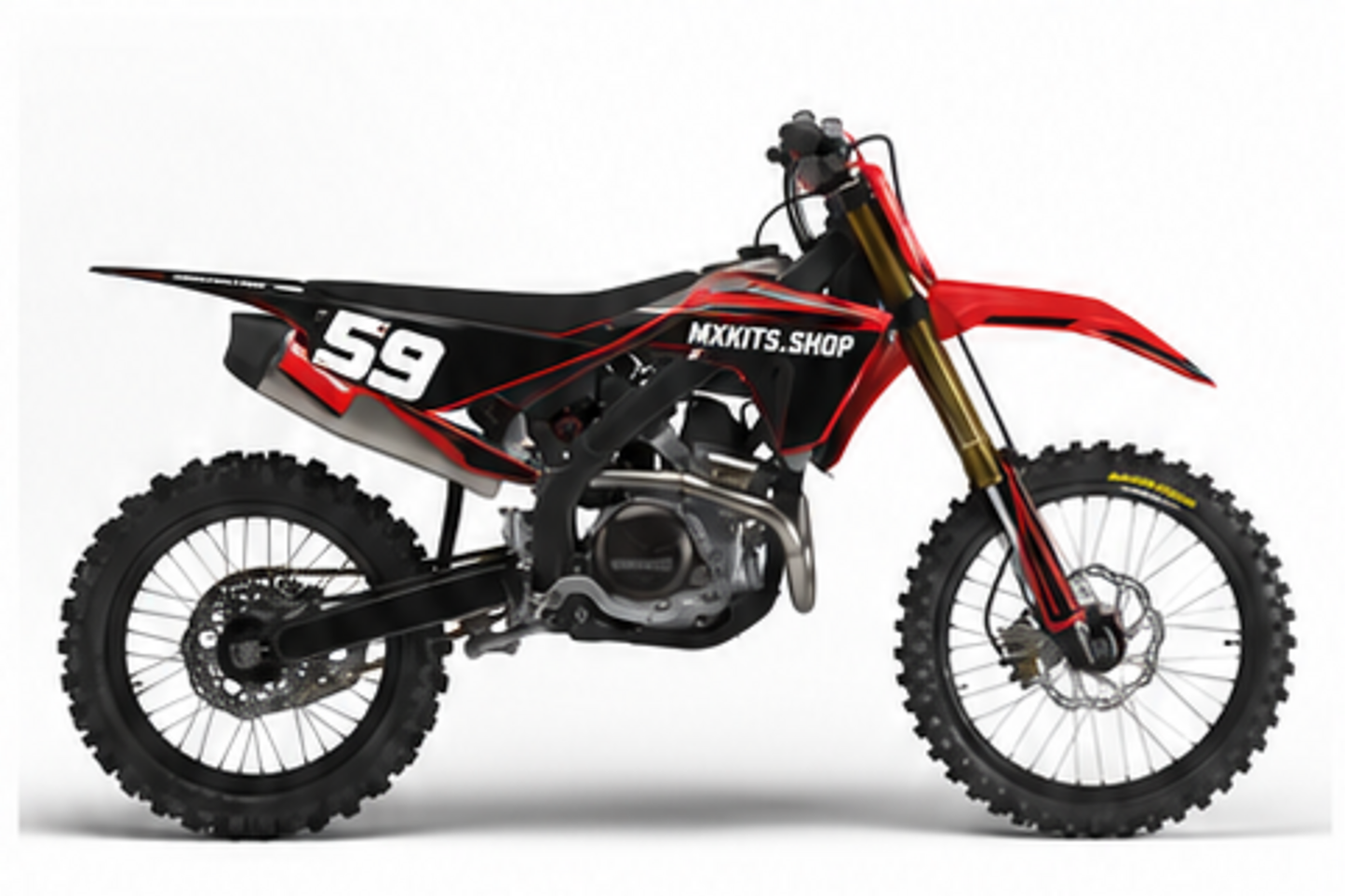 Honda CRF Motocross-Dekor-Kit in Schwarz, Rot und Weiß in seitlicher Studioansicht