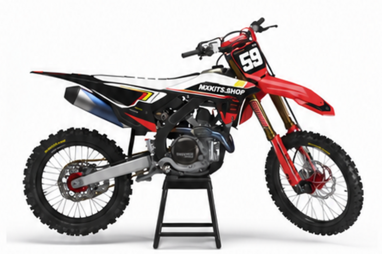 Honda CRF Motocross-Dekor-Kit in Rot, Schwarz in Seitenansicht mit personalisierter Startnummer