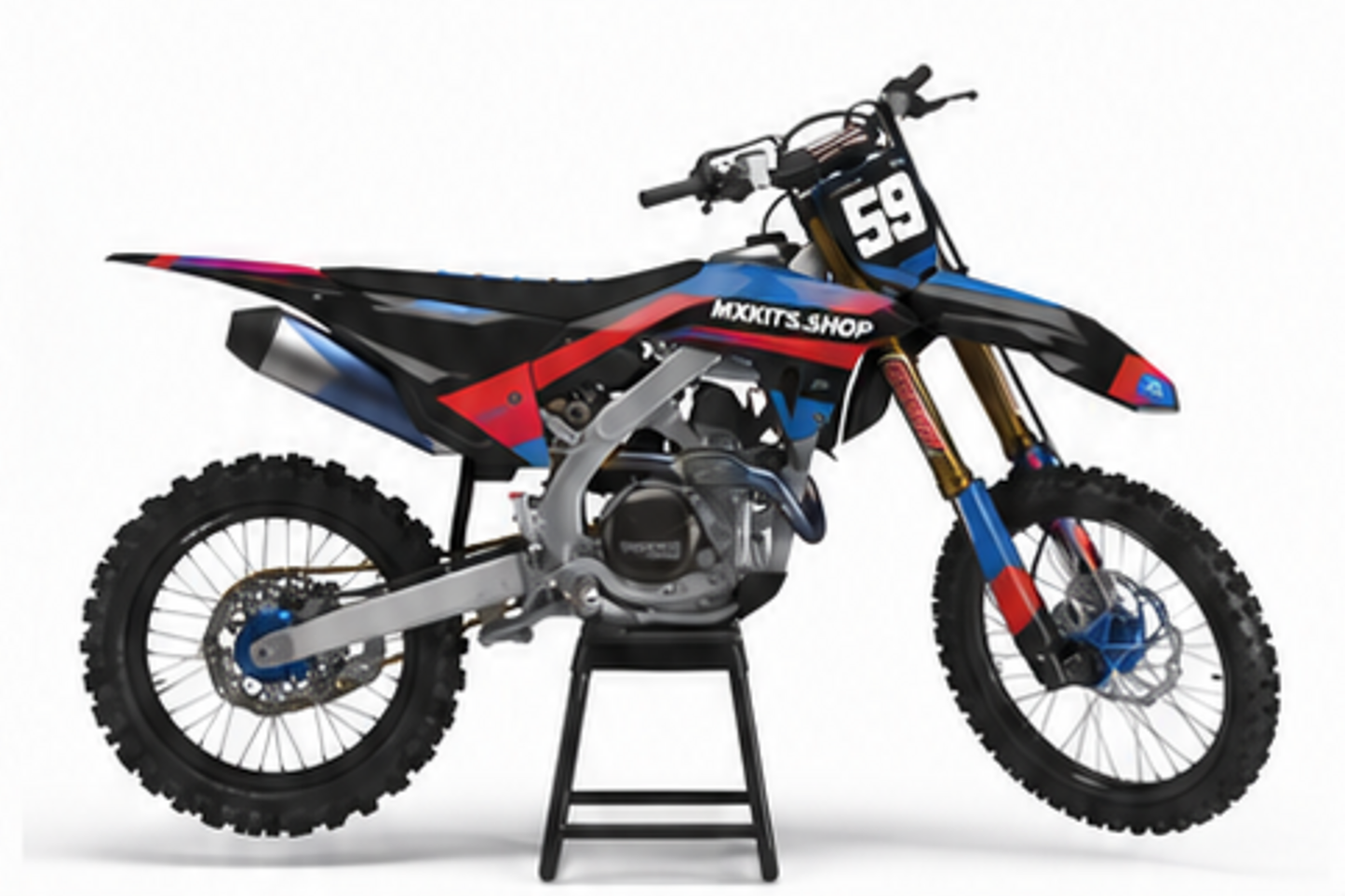 Honda CRF Motocross-Dekor-Kit in Rot, Schwarz in Seitenansicht mit personalisierter Startnummer