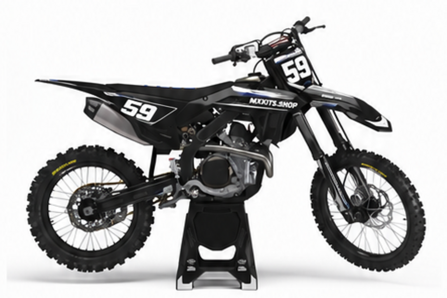 Honda CRF Motocross-Dekor-Kit in Rot, Schwarz in Seitenansicht mit personalisierter Startnummer