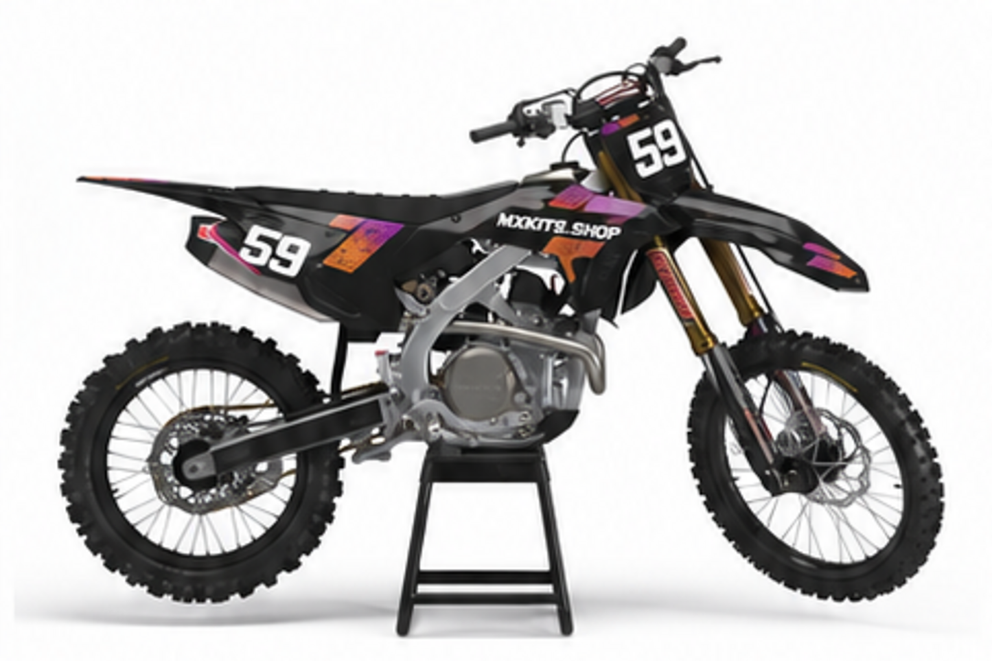 Honda CRF Motocross-Dekor-Kit in Schwarz, Anthrazit in Seitenansicht mit personalisierter Startnummer