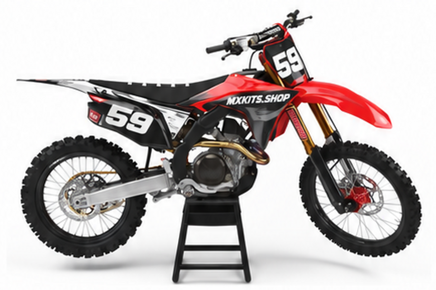 Honda CRF Motocross-Dekor-Kit in Rot, Schwarz in Seitenansicht mit personalisierter Startnummer