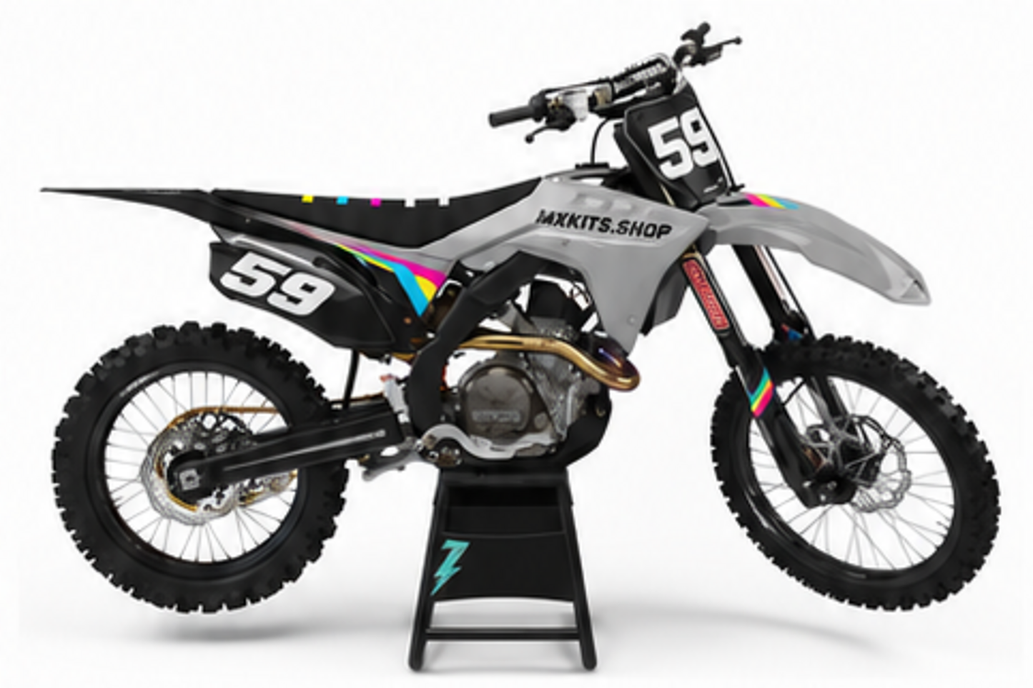 Honda CRF Motocross-Dekor-Kit in Rot, Schwarz in Seitenansicht mit personalisierter Startnummer