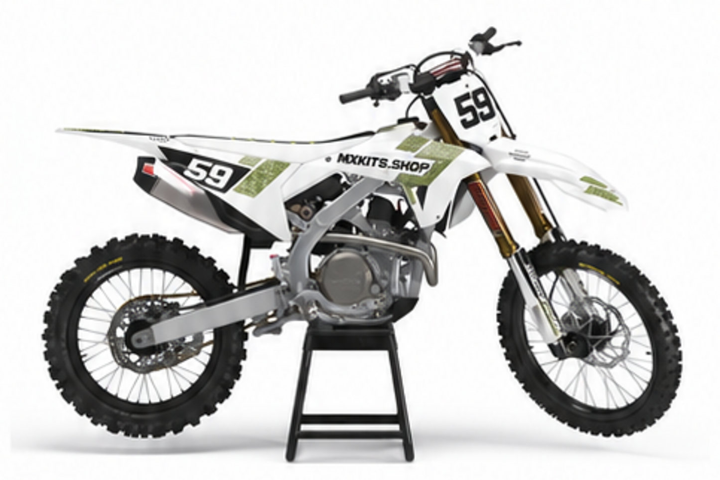 Honda CRF Motocross-Dekor-Kit in Weiß, Rot in Seitenansicht mit personalisierter Startnummer
