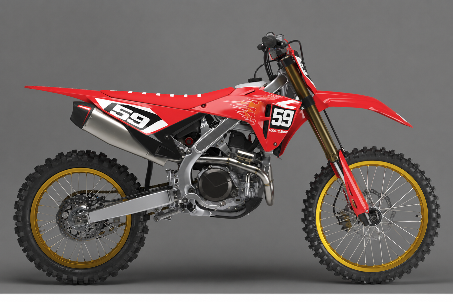 Honda CRF Motocross-Dekor-Kit in Rot, Schwarz und Gold in vollständiger Seitenansicht