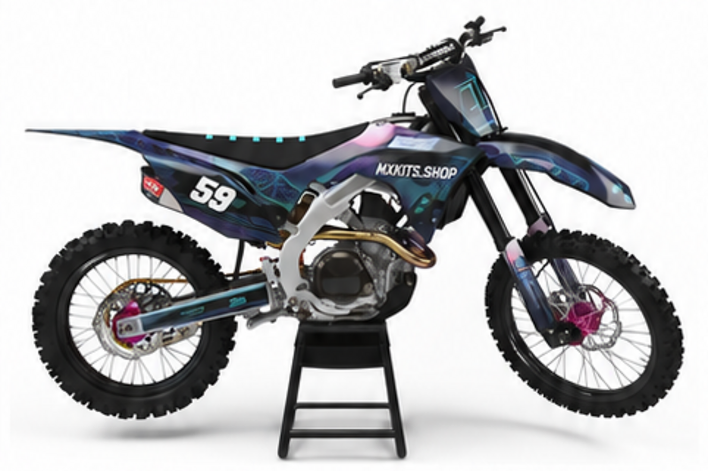 Honda CRF Motocross-Dekor-Kit in Rot, Schwarz in Seitenansicht mit personalisierter Startnummer