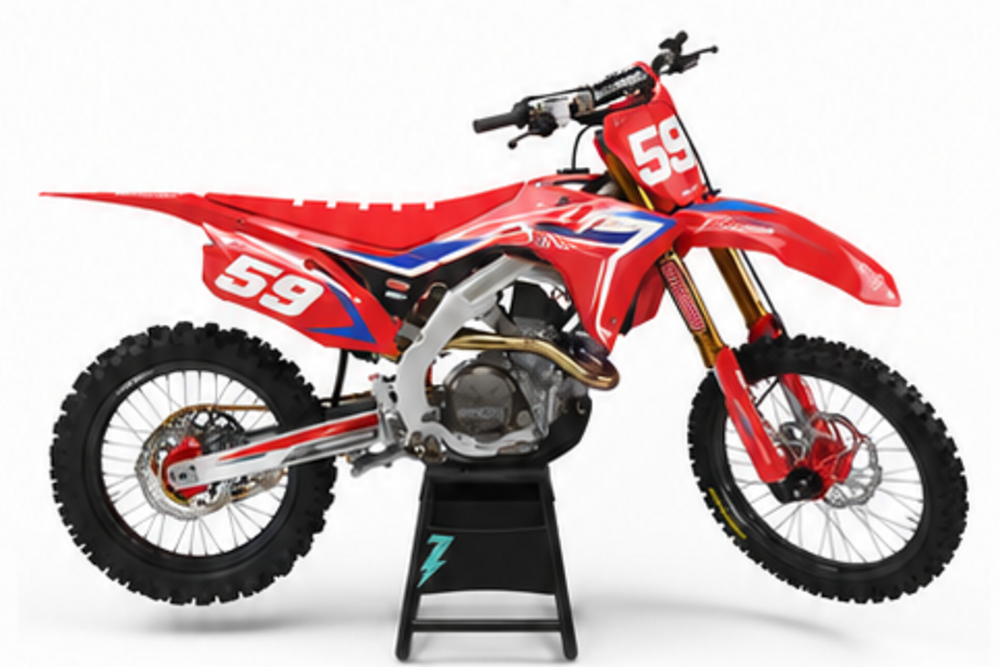 Honda CRF Motocross-Dekor-Kit in Rot, Schwarz in Seitenansicht mit personalisierter Startnummer