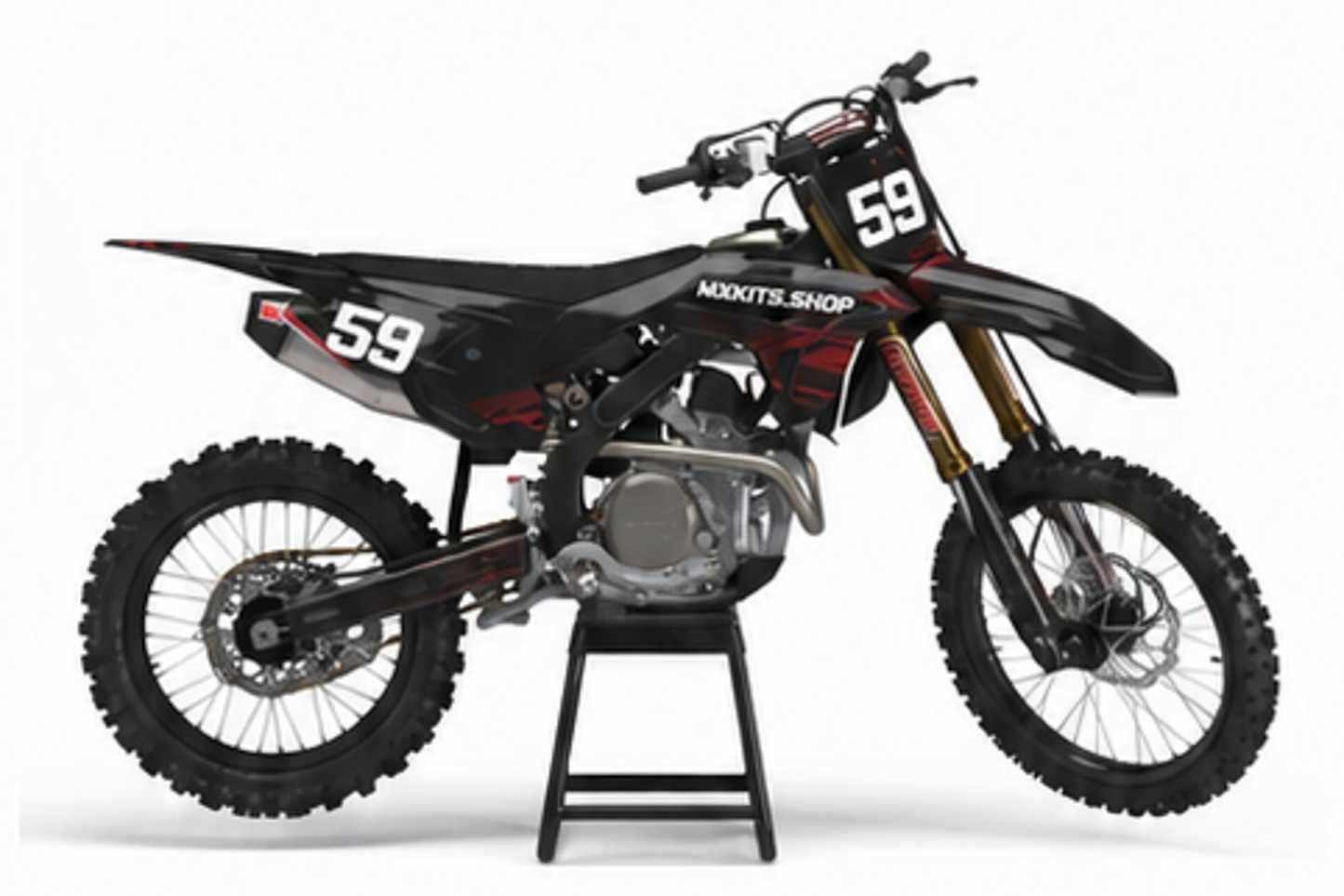 Honda CRF Motocross-Dekor-Kit in Rot, Schwarz in Seitenansicht mit personalisierter Startnummer