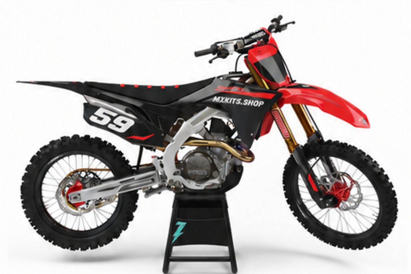 Honda CRF Motocross-Dekor-Kit in Rot, Schwarz in Seitenansicht mit personalisierter Startnummer