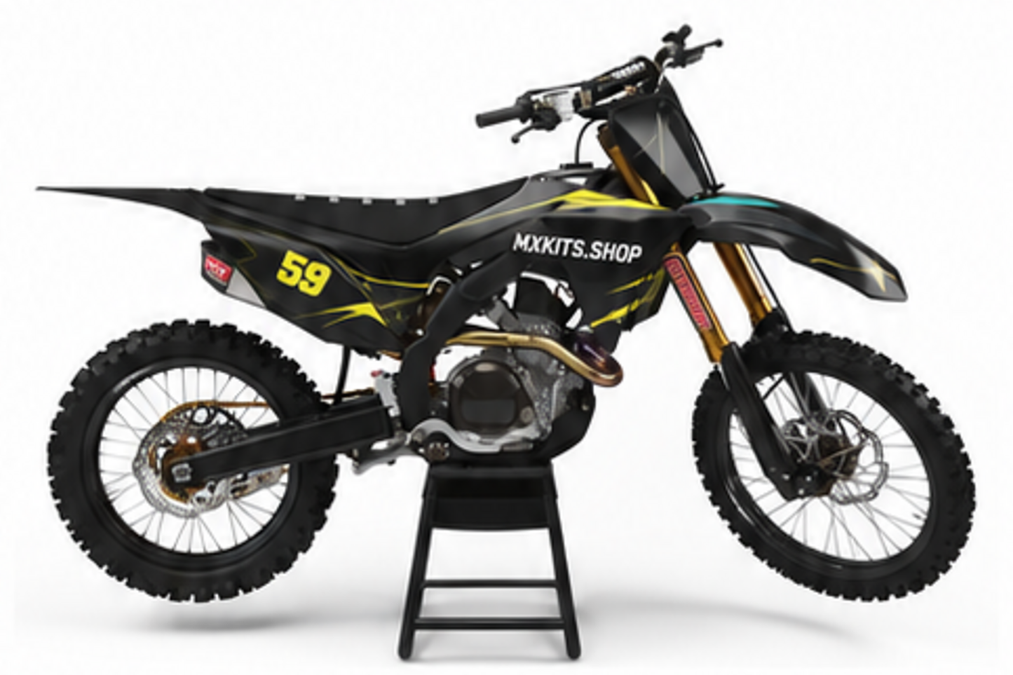 Honda CRF Motocross-Dekor-Kit in Rot, Schwarz in Seitenansicht mit personalisierter Startnummer