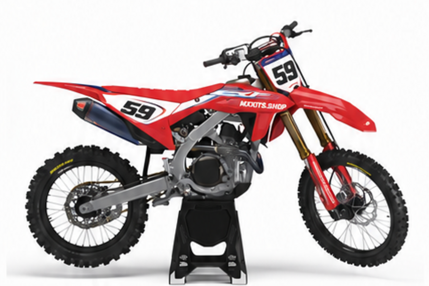 Honda CRF Motocross-Dekor-Kit in Rot, Schwarz in Seitenansicht mit personalisierter Startnummer