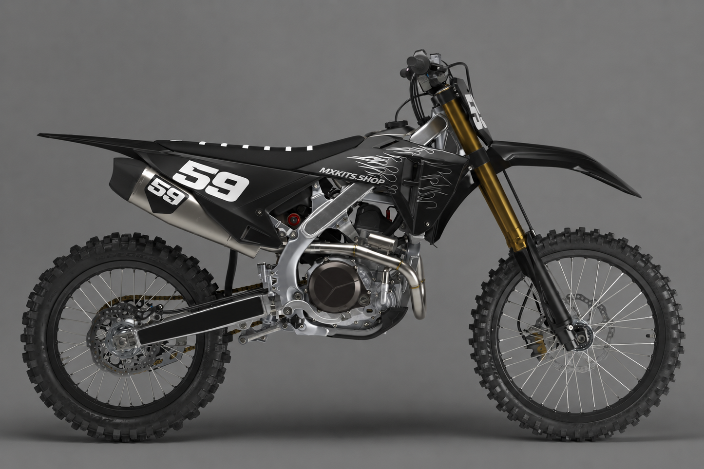 Schwarzes Honda CRF Motocross-Dekor-Kit mit dezenten weißen Details und personalisierter Startnummer