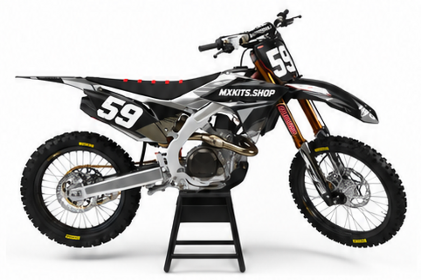 Red Black Honda CRF custom motocross graphics kit in side view with personalized race number