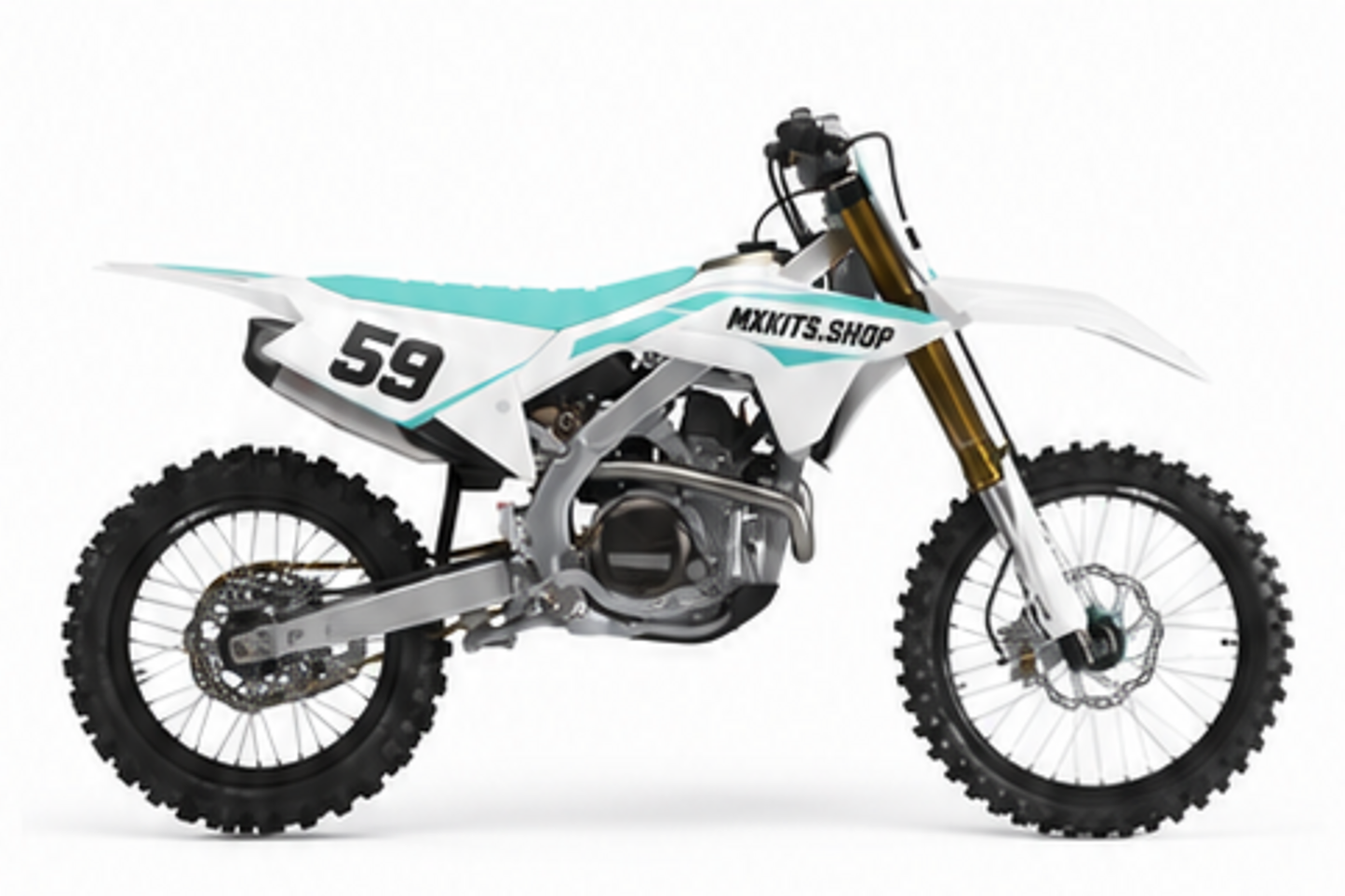 Honda CRF Motocross-Dekor-Kit in Türkis, Schwarz in Seitenansicht mit personalisierter Startnummer