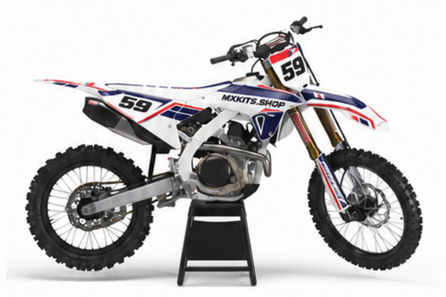 Honda CRF Motocross-Dekor-Kit in Rot, Blau in Seitenansicht mit personalisierter Startnummer