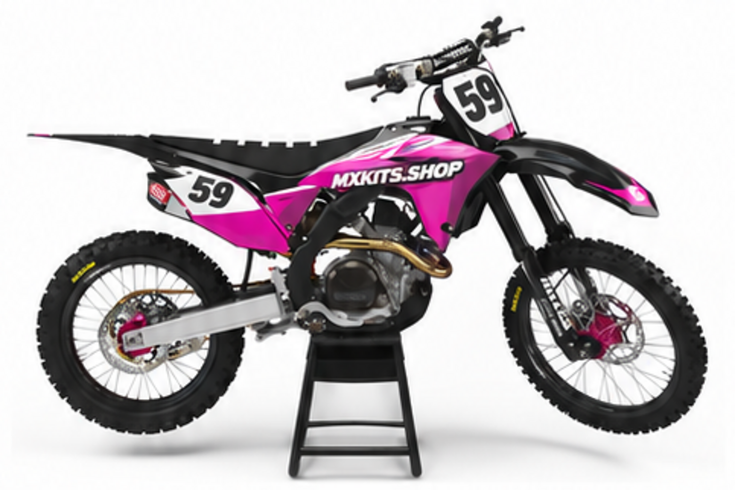 Honda CRF Motocross-Dekor-Kit in Magenta, Rot in Seitenansicht mit personalisierter Startnummer