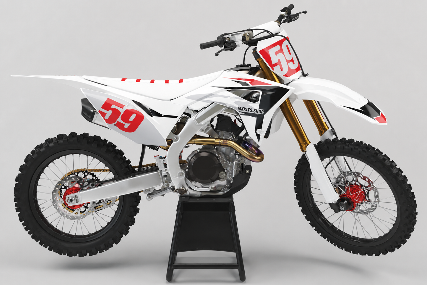 Honda CRF Motocross-Dekor-Kit in Weiß und Rot mit personalisierten Startnummerntafeln