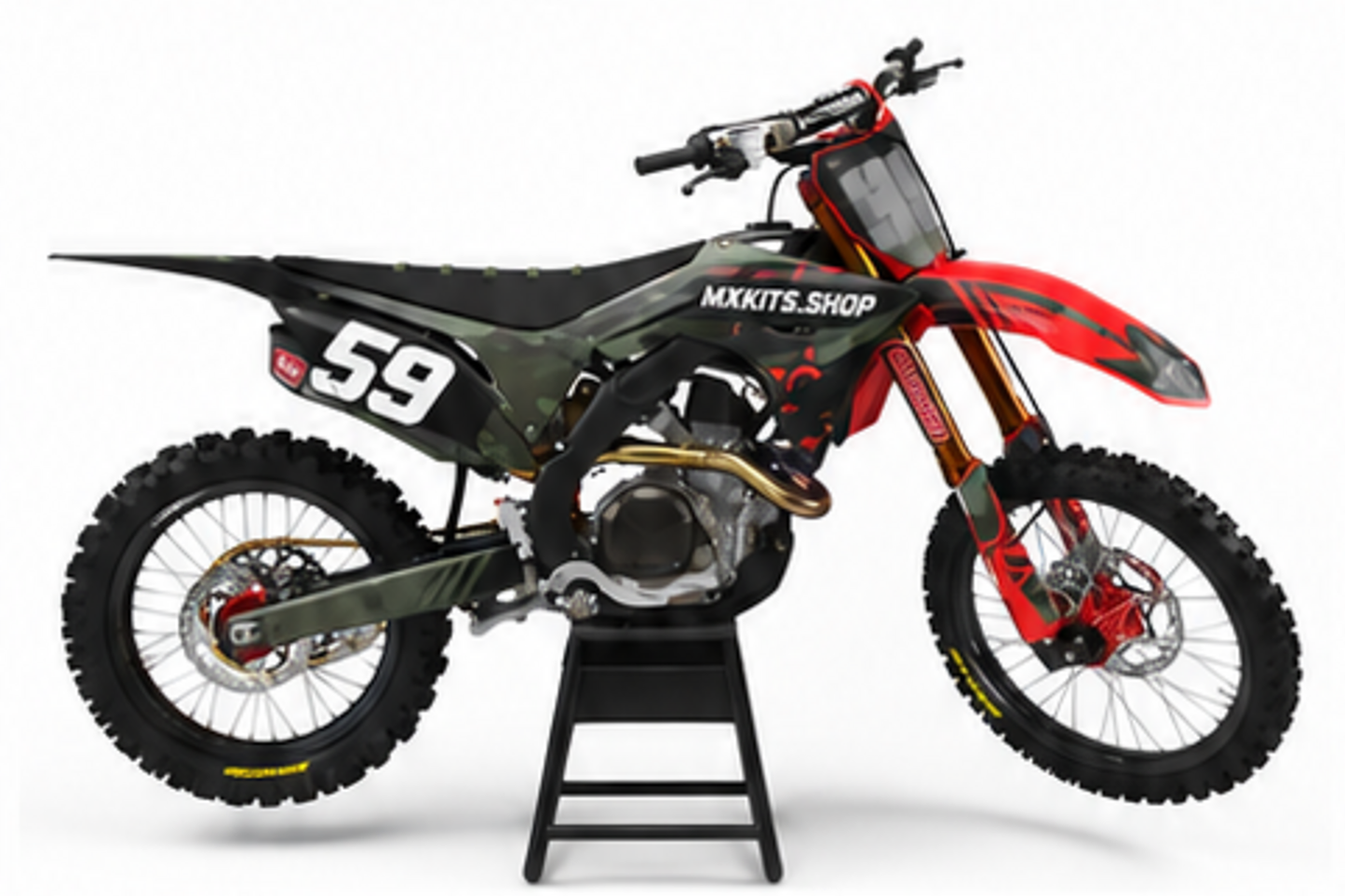 Honda CRF Motocross-Dekor-Kit in Rot, Schwarz in Seitenansicht mit personalisierter Startnummer