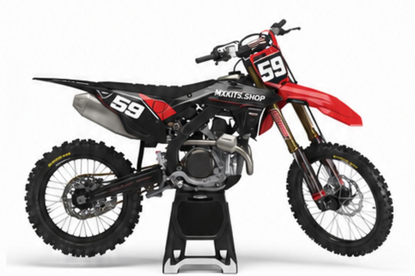 Honda CRF Motocross-Dekor-Kit in Rot, Schwarz in Seitenansicht mit personalisierter Startnummer