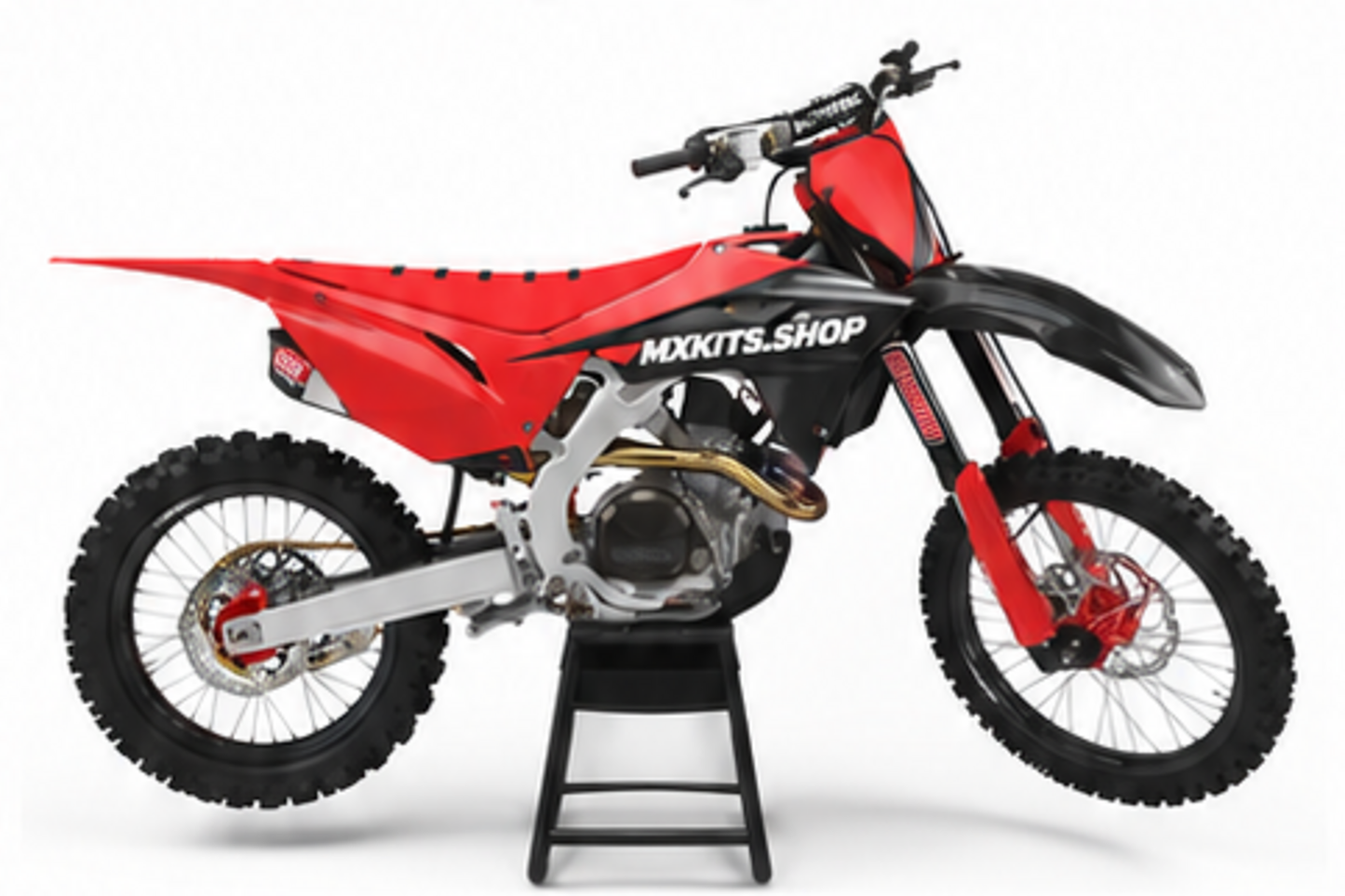Honda CRF Motocross-Dekor-Kit in Rot, Schwarz in Seitenansicht mit personalisierter Startnummer