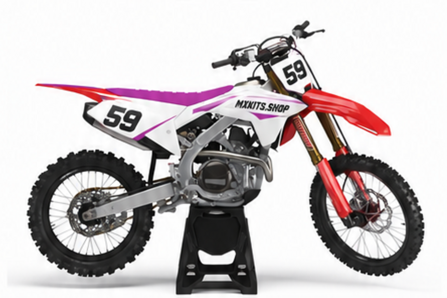 Honda CRF Motocross-Dekor-Kit in Rot, Schwarz in Seitenansicht mit personalisierter Startnummer