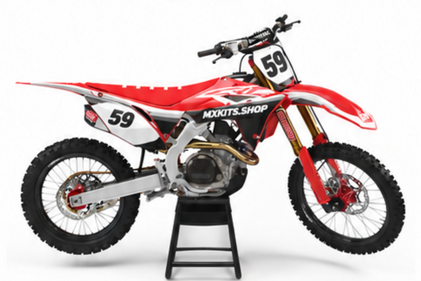 Honda CRF Motocross-Dekor-Kit in Grau, Schwarz in Seitenansicht mit personalisierter Startnummer