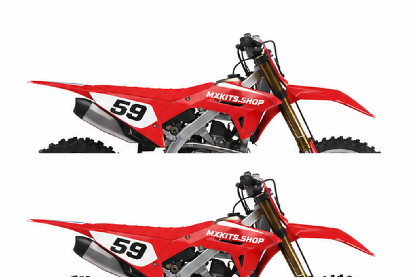 Personalisiertes Honda CRF Motocross-Dekor-Kit in Rot und Weiß in seitlicher Studioansicht