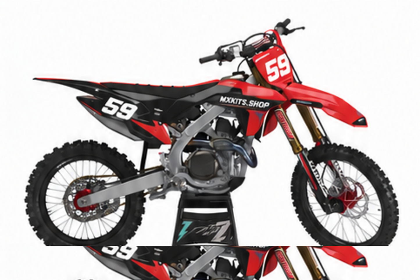 Honda CRF Motocross-Dekor-Kit in Rot, Schwarz in Seitenansicht mit personalisierter Startnummer