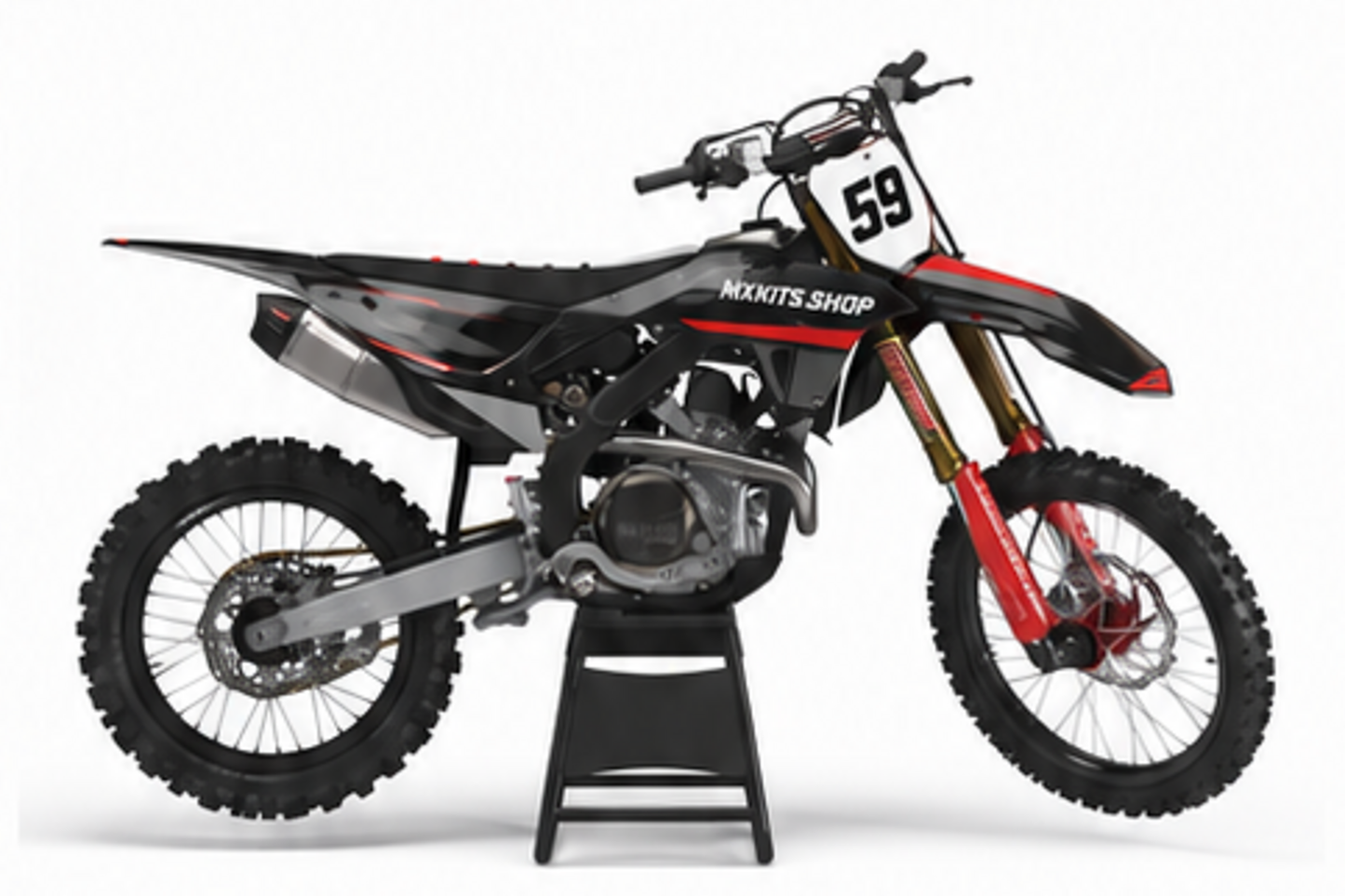 Honda CRF Motocross-Dekor-Kit in Schwarz, Anthrazit in Seitenansicht mit personalisierter Startnummer