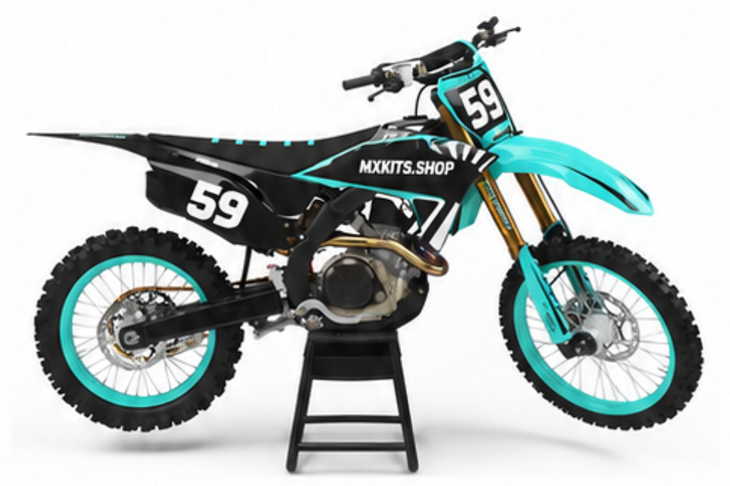 Honda CRF Motocross-Dekor-Kit in Türkis, Schwarz in Seitenansicht mit personalisierter Startnummer