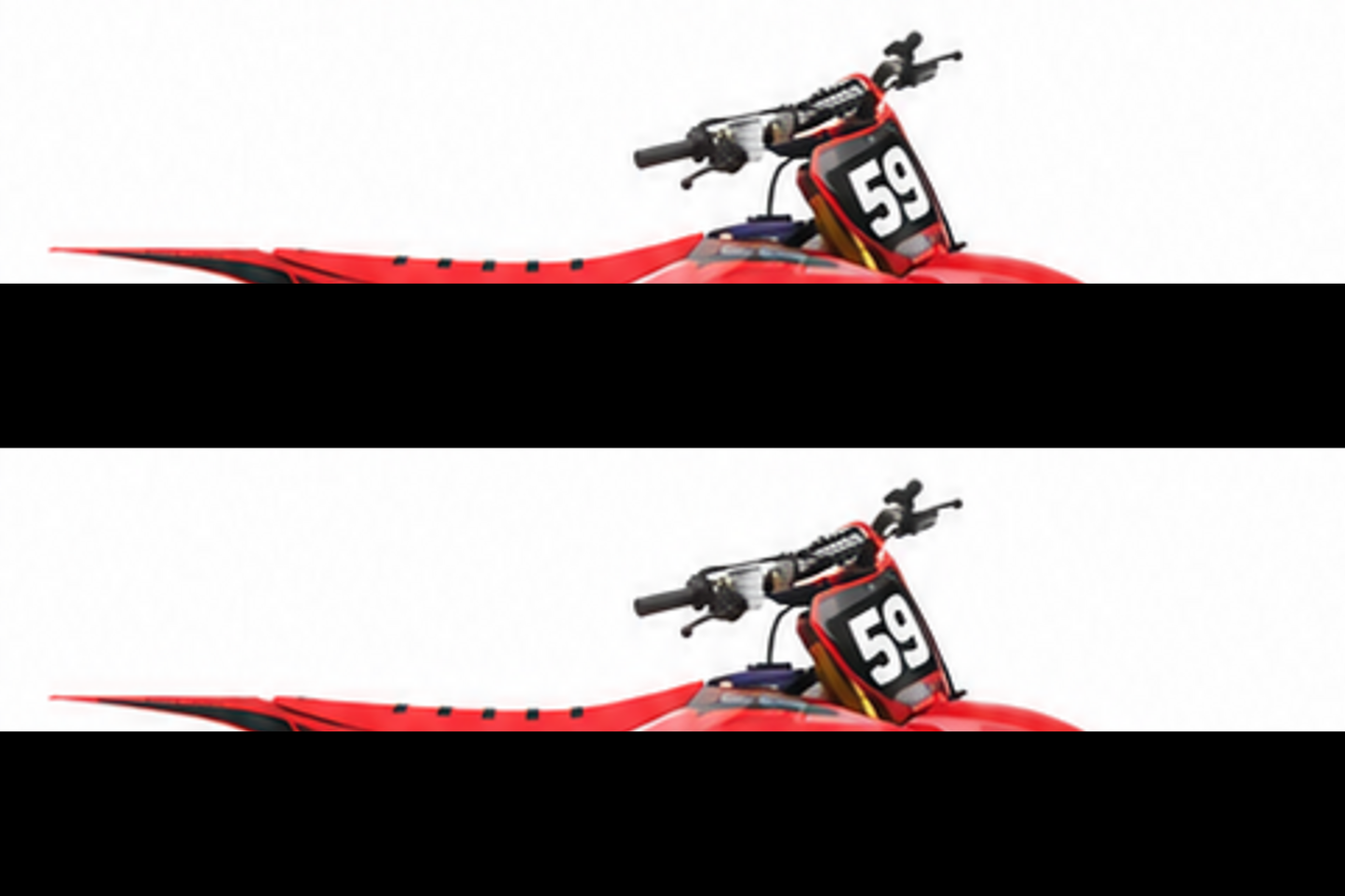 Honda CRF Motocross-Dekor-Kit in Rot, Schwarz in Seitenansicht mit personalisierter Startnummer