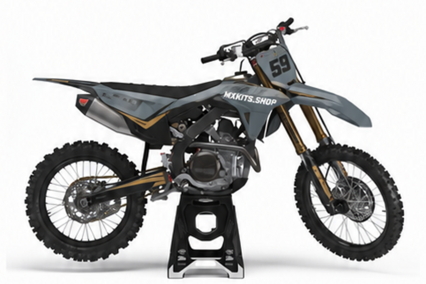 Honda CRF Motocross-Dekor-Kit in Rot, Schwarz in Seitenansicht mit personalisierter Startnummer