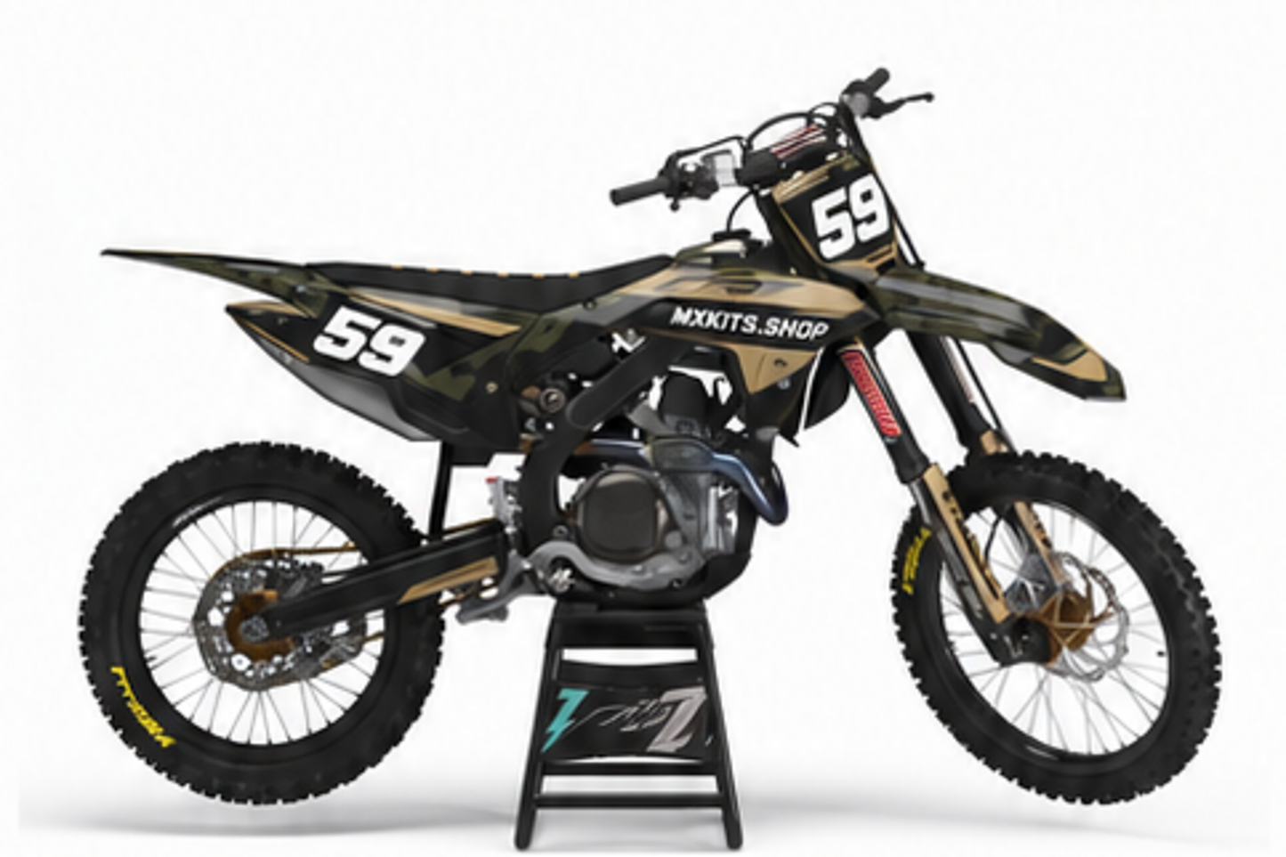 Honda CRF Motocross-Dekor-Kit in Rot, Schwarz in Seitenansicht mit personalisierter Startnummer