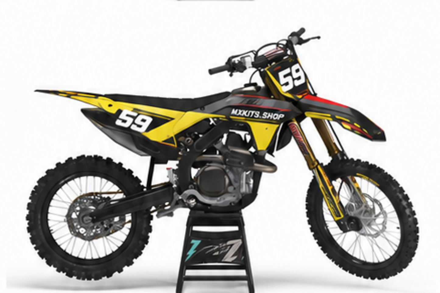 Honda CRF Motocross-Dekor-Kit in Gold, Rot in Seitenansicht mit personalisierter Startnummer