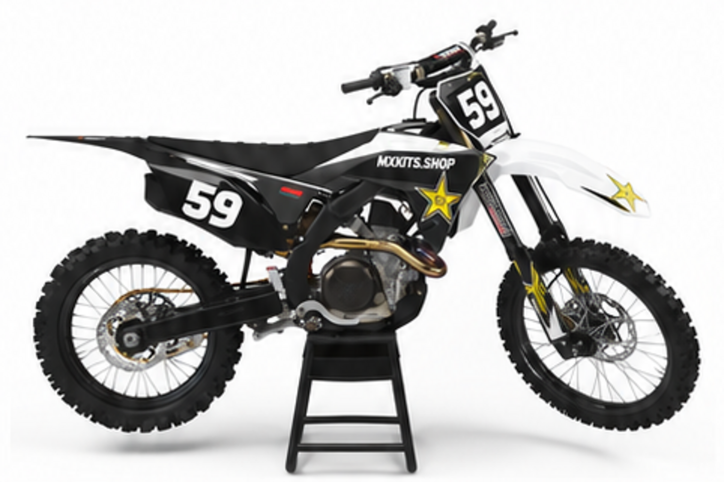Honda CRF Motocross-Dekor-Kit in Rot, Schwarz in Seitenansicht mit personalisierter Startnummer