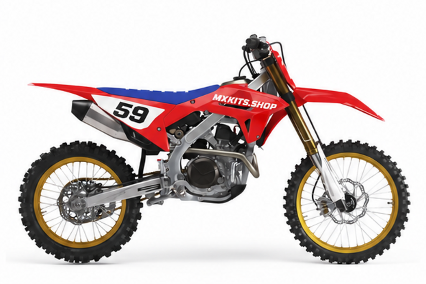 Honda CRF Motocross-Dekor-Kit im Retrolook in Rot, Blau und Weiß mit goldenen Felgenakzenten