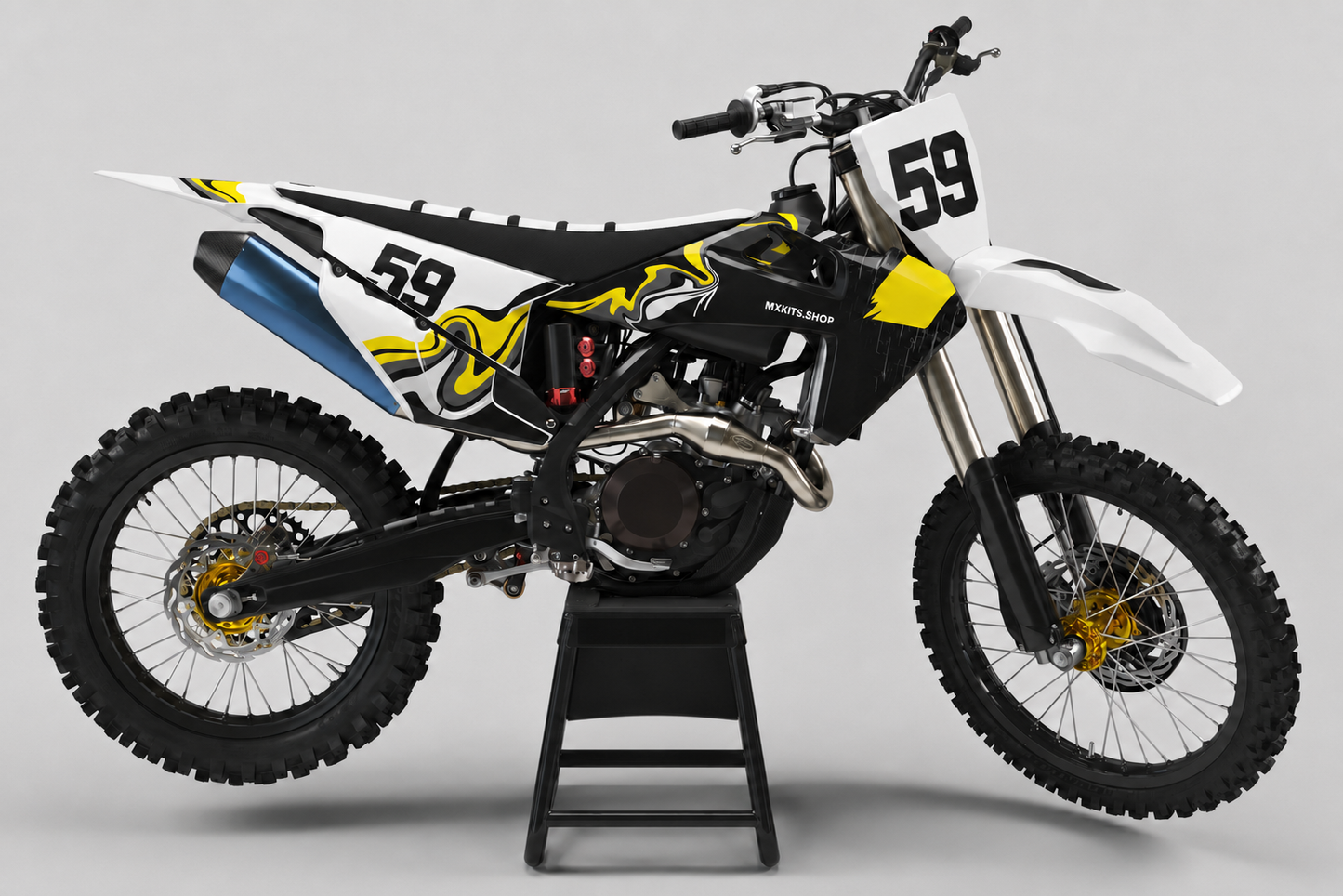 Schwarz-weiß-gelbes Husqvarna-MX-Dekor-Kit mit fließenden Formen und Startnummer 59 an zwei Positionen