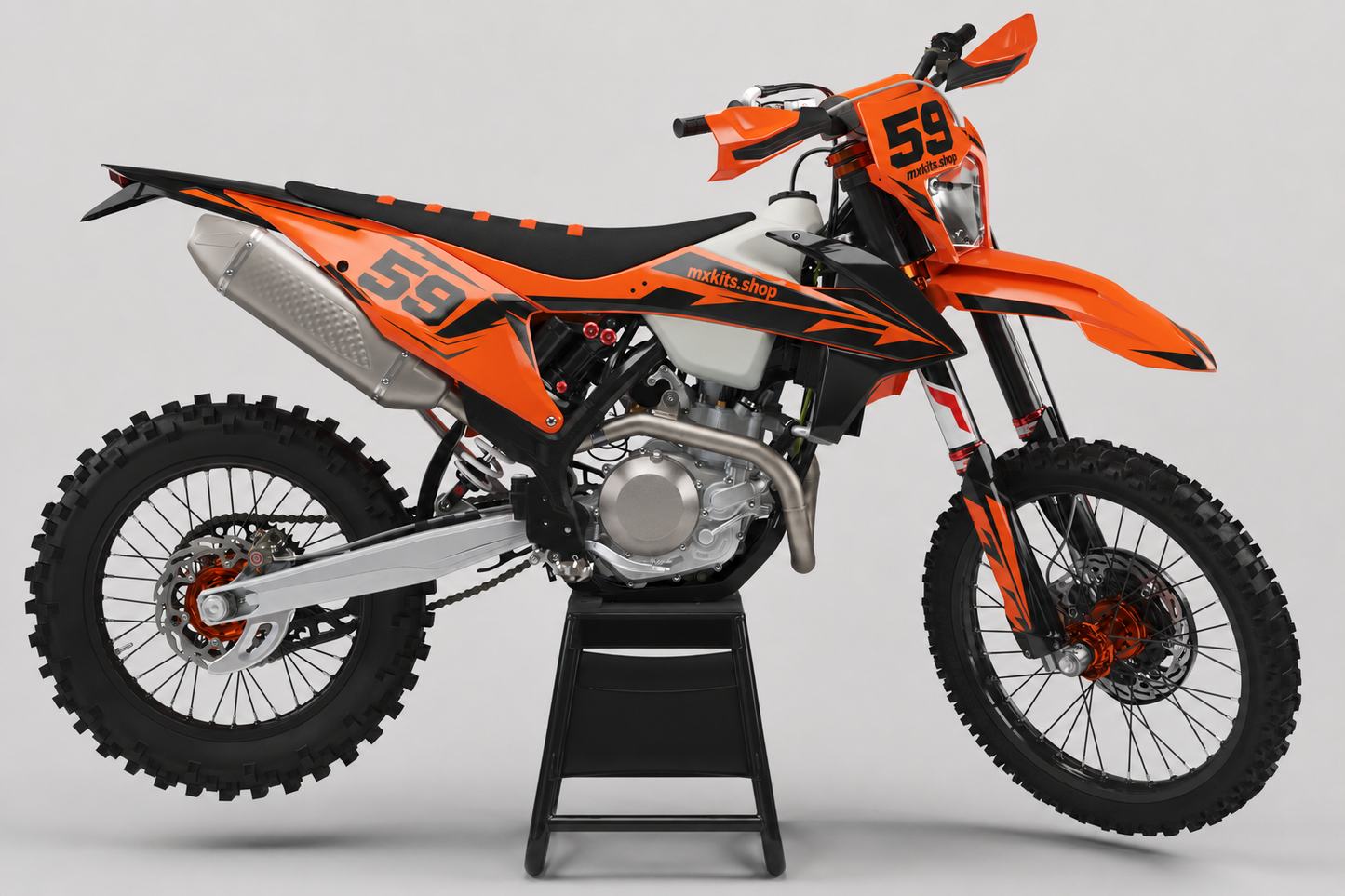 KTM custom enduro graphics kit in orange and black with race number 59
