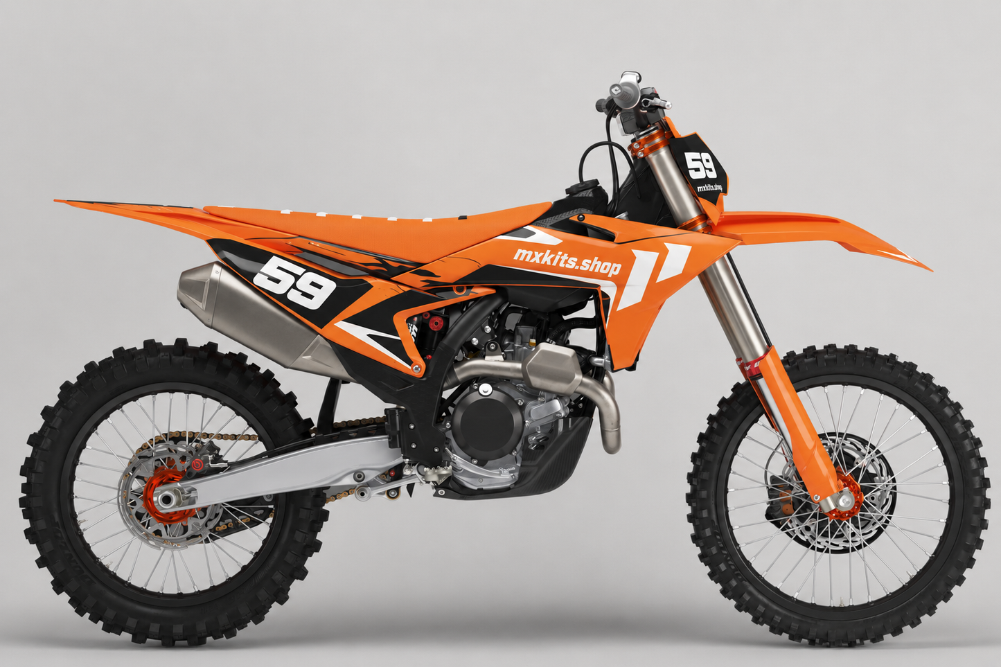 KTM custom motocross graphics kit in factory orange and black with race number 59
