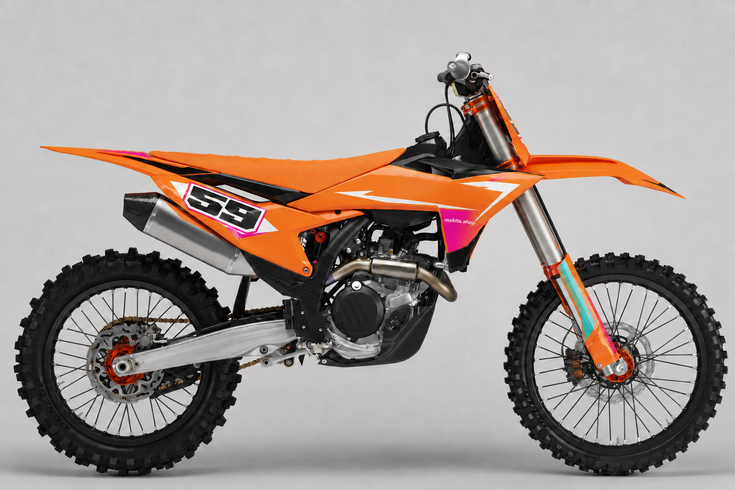KTM orange and pink graphics with one stylized number 59 on the rear side number panel