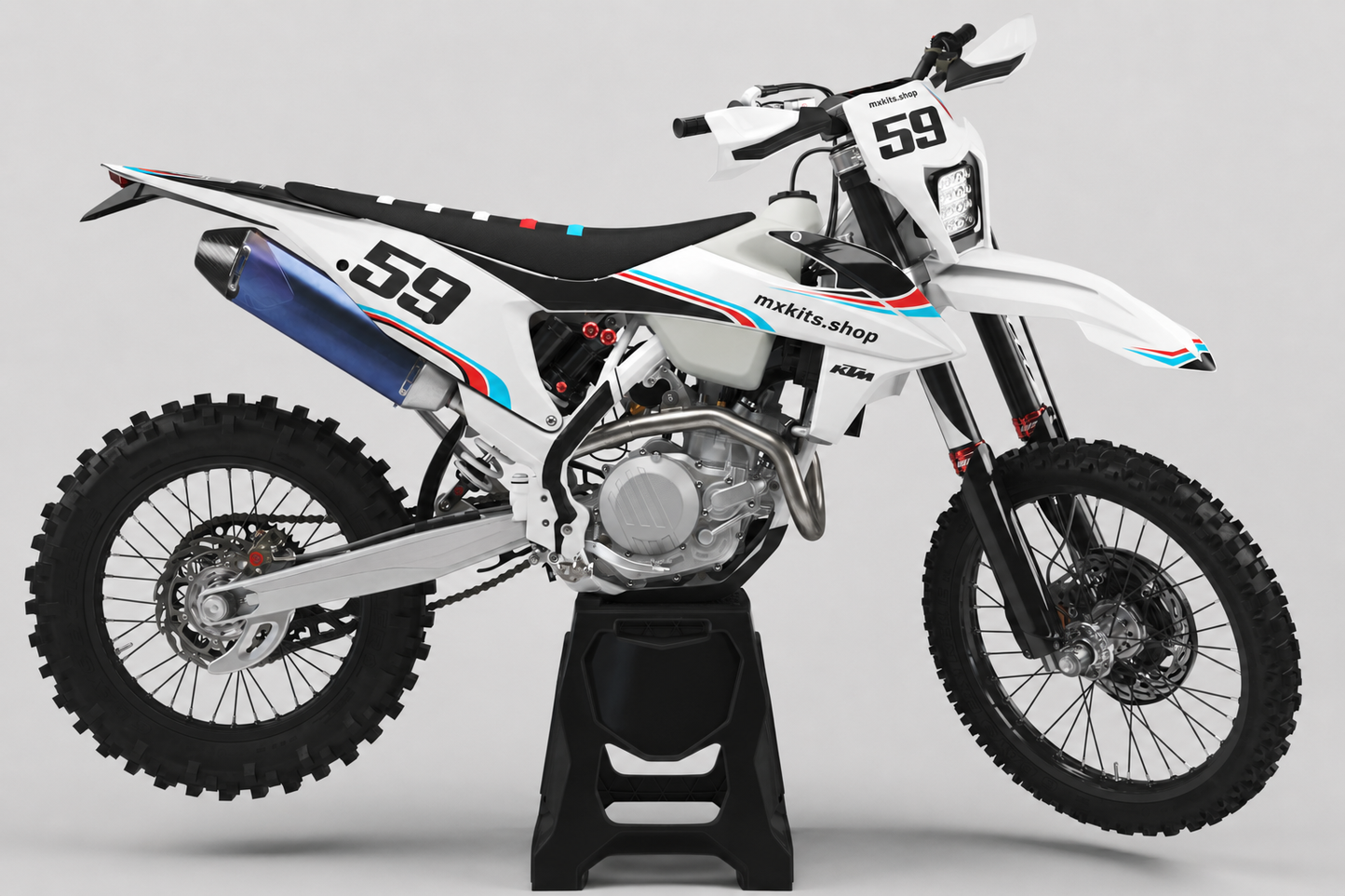 KTM custom motocross graphics kit in white black red and cyan with race number 59